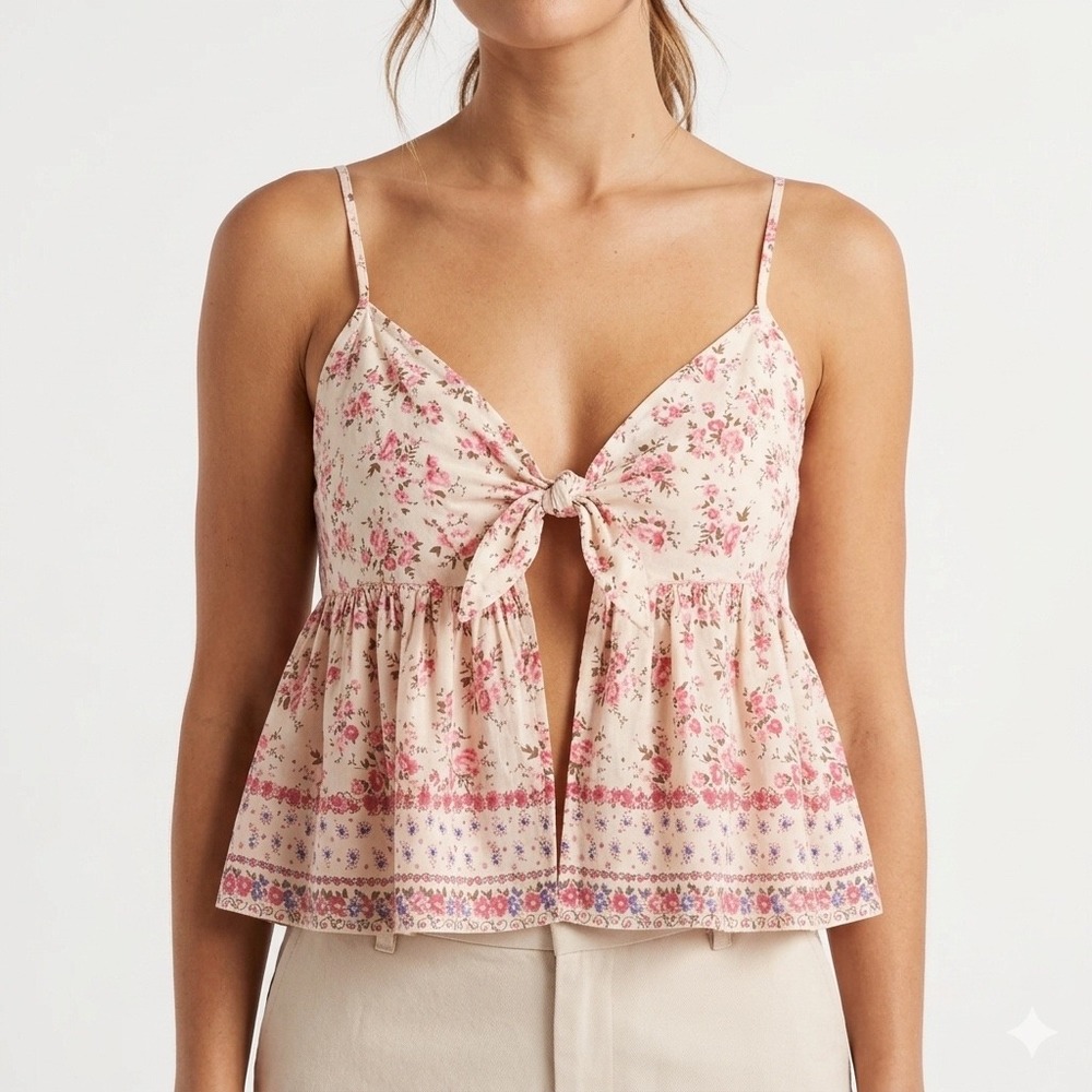 Forever 21 Cami Top Women Medium Cream Pink Floral Tie Front Coquette Peplum